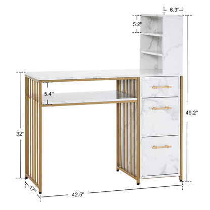 BarberPub L-Shaped Marbling Texture Manicure Table Beauty Workstation with Open Shelves 2423