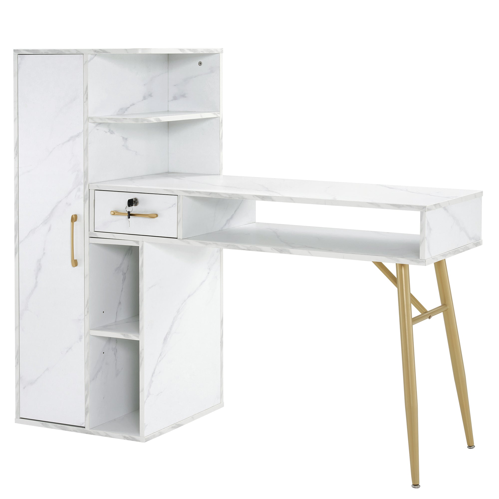 BarberPub Nail Desk with Marble Texture, Manicure Table with Lockable Drawer 2622