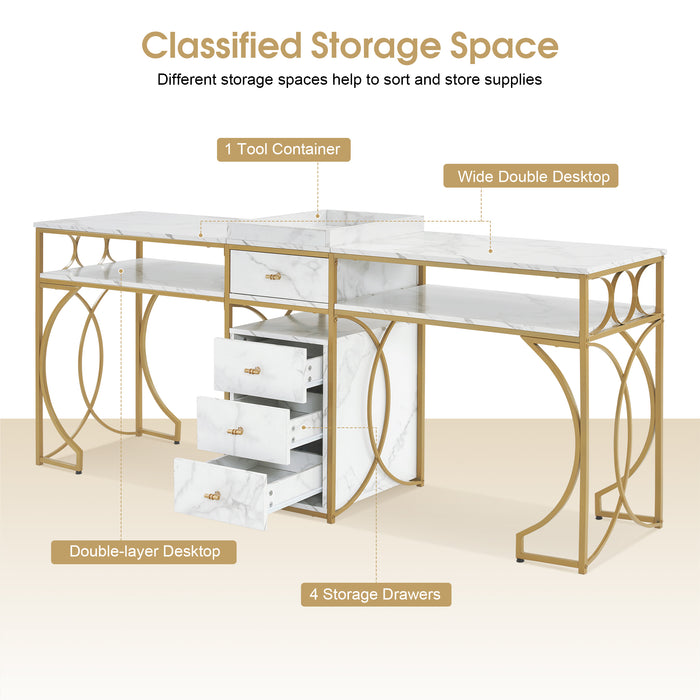 BarberPub Double Manicure Table for 2 person, Nail Station Marbling Texture, Long Nail Desk with Storage Drawers, Double Nail Table for Nail Tech with Metal Frame 2488