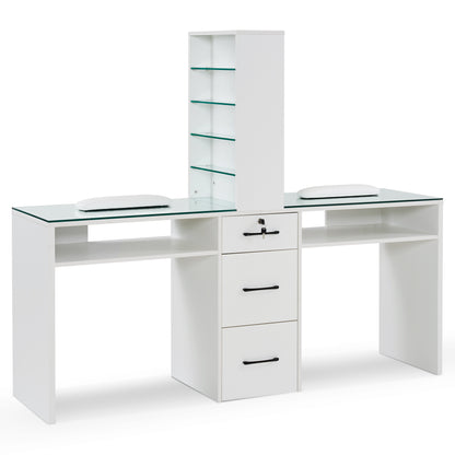 BarberPub Double Manicure Table for Storage, Functional Nail Desk with Glass 2666