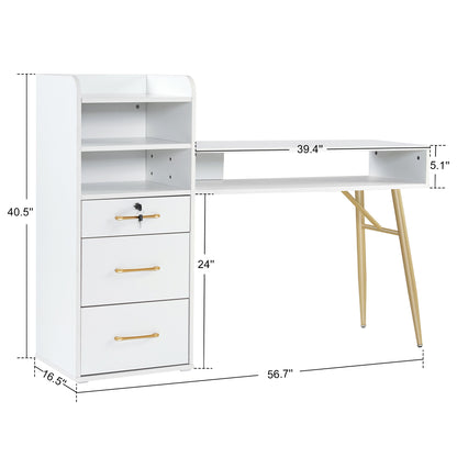 BarberPub Manicure Table with Shelves, Nail Desk with Golden Handles 2605