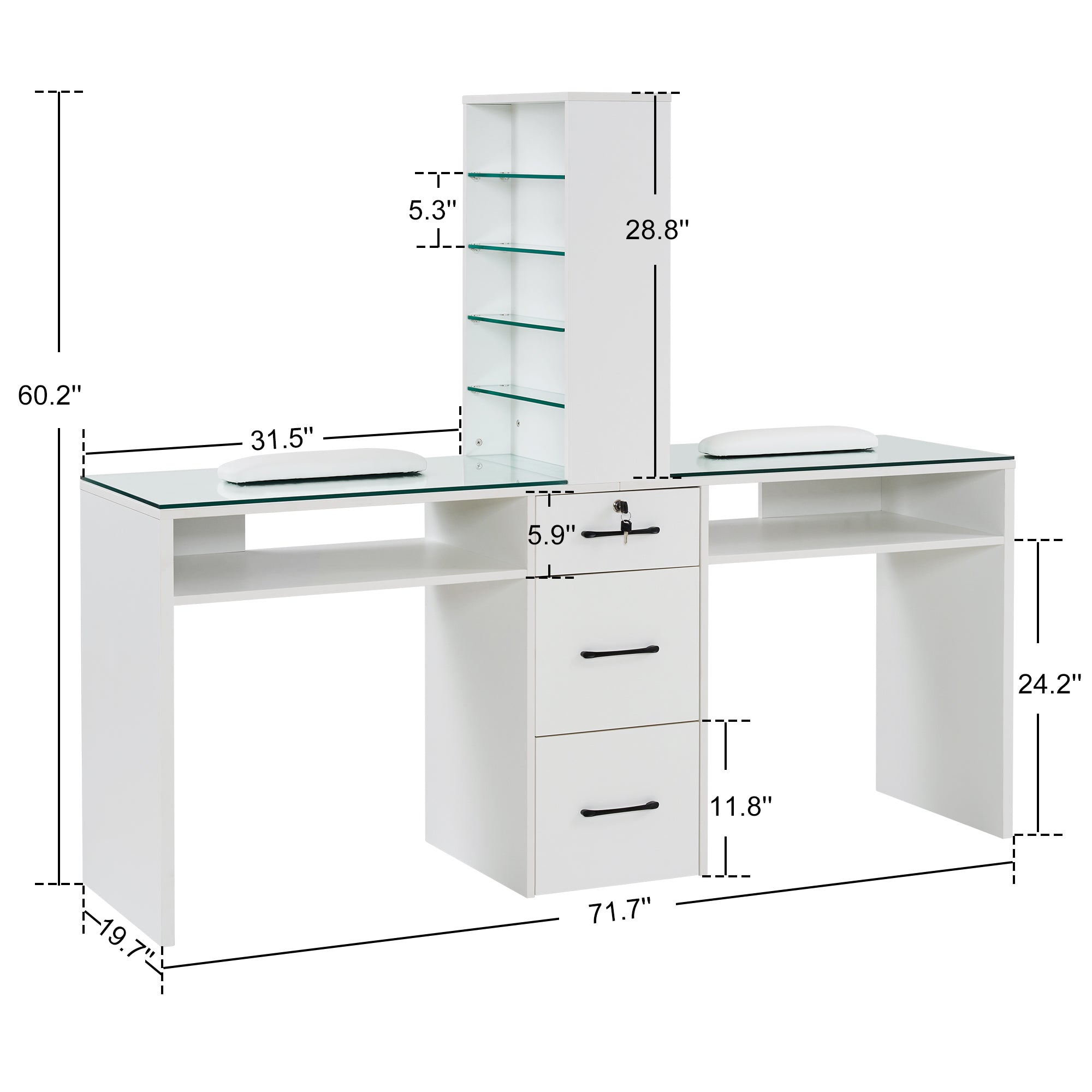 BarberPub Double Manicure Table for Storage, Functional Nail Desk with Glass 2666