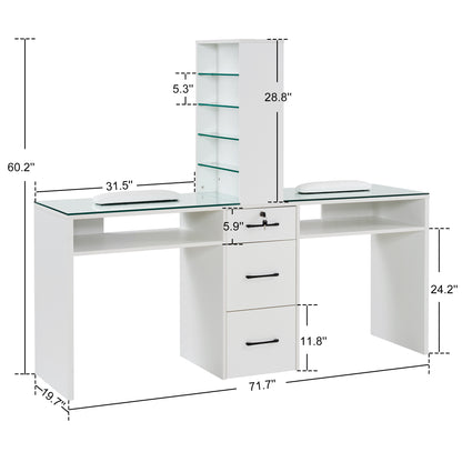 BarberPub Double Manicure Table for Storage, Functional Nail Desk with Glass 2666