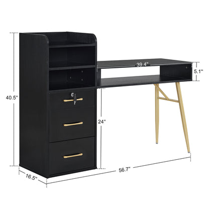 BarberPub Manicure Table with Shelves, Nail Desk with Golden Handles 2605