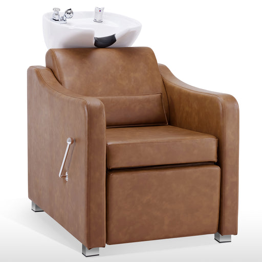 BarberPub Backwash Shampoo Station Chair, Adjustable Porcelain Ceramic Hair Wash Bowl with Chair, Vacuum Breaker, Reclining Shampoo Station for Barber Shop, Spa Beauty Salon Equipment 9364