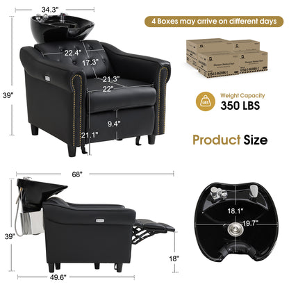 BarberPub Electric Shampoo Bowl and Chair Set for Salon, Adjustable Porcelain Hair Wash Bowl, 4.8’’ Extended Footrest, UPC Certificated Vacuum Breaker, 9627