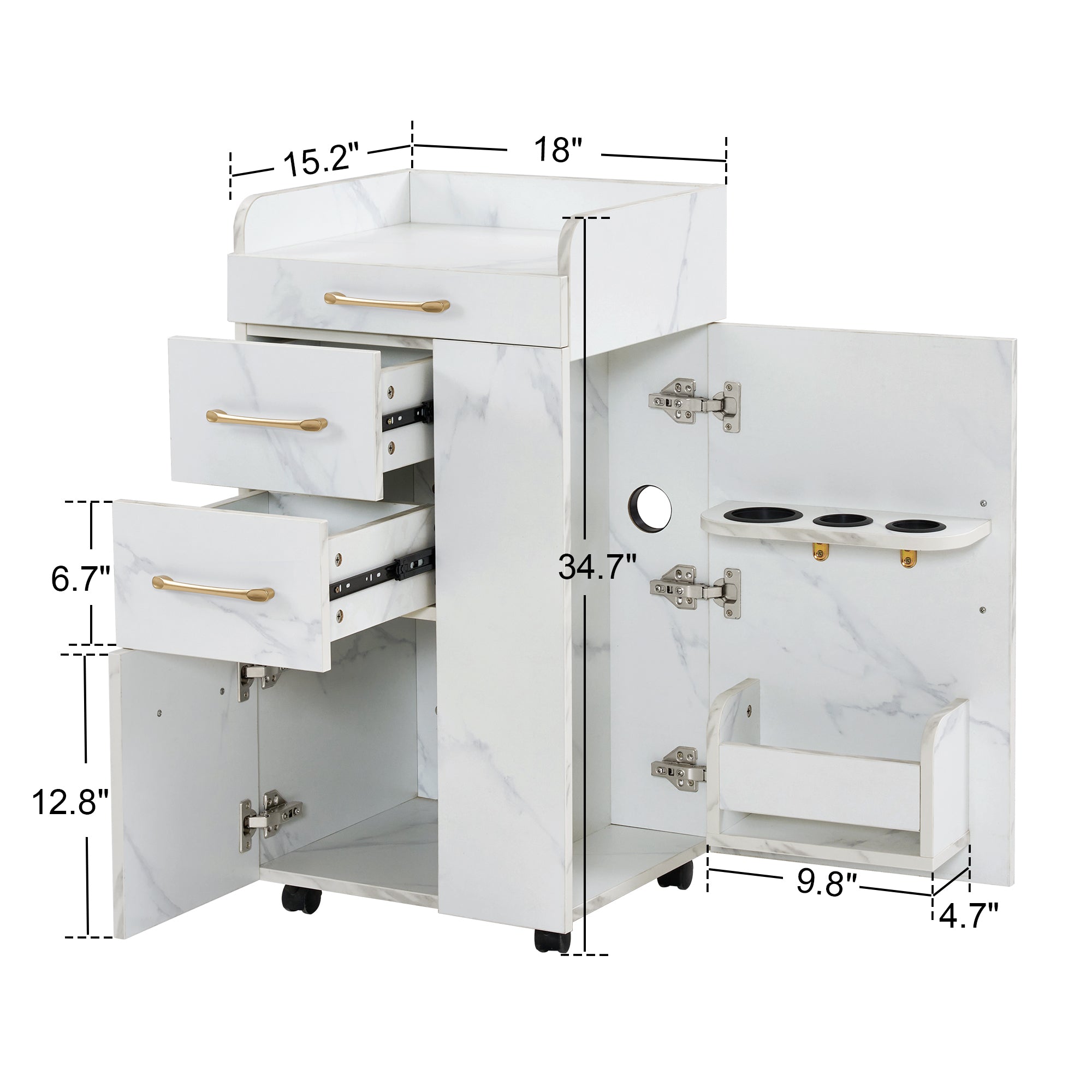 BarberPub Salon Trolley with Cabinets and tool holders, Barber Storage Utility Cart 2053