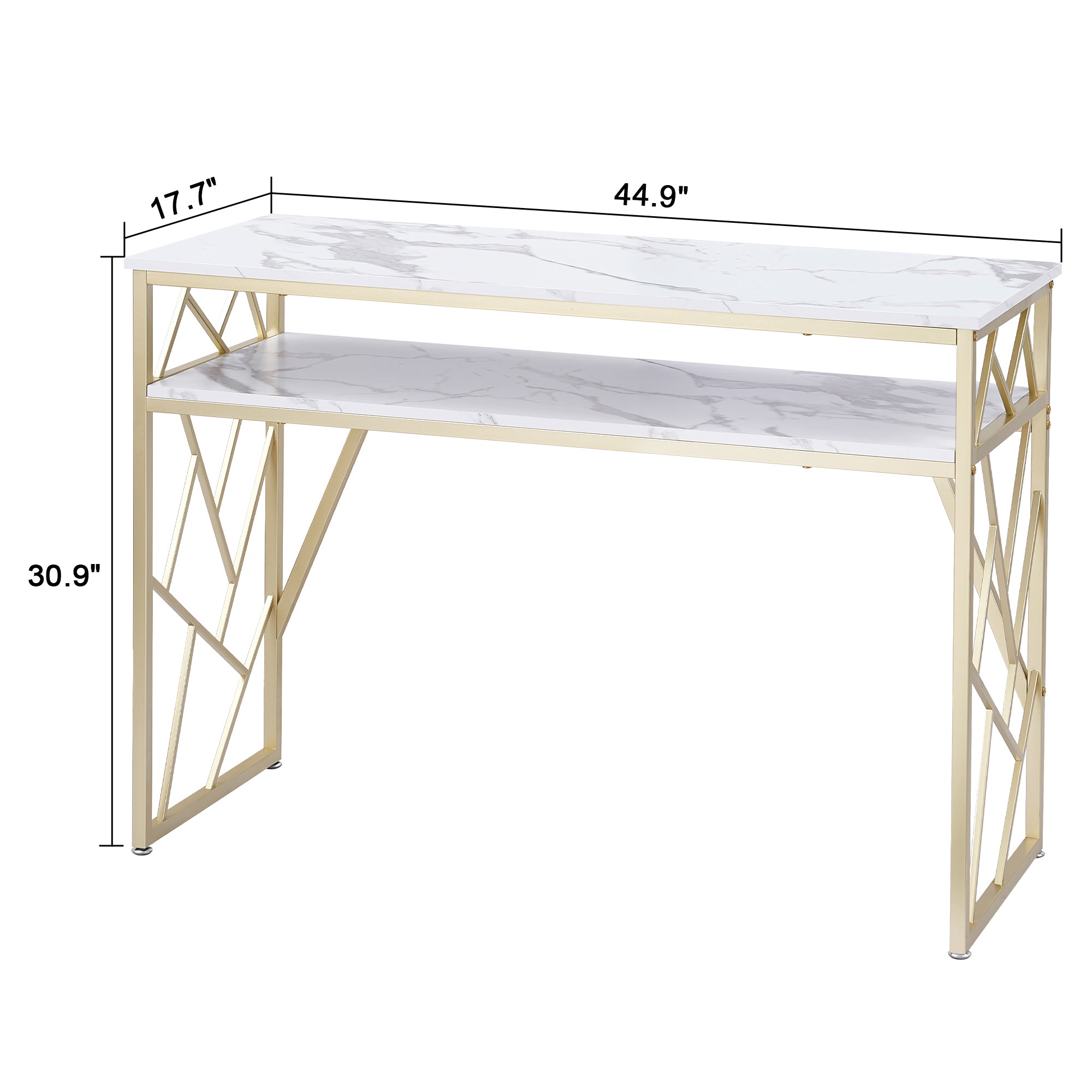 Barberpub Nail Table with Shelves and Gold Accents, White Marble Manicure Desk for Salon or Home