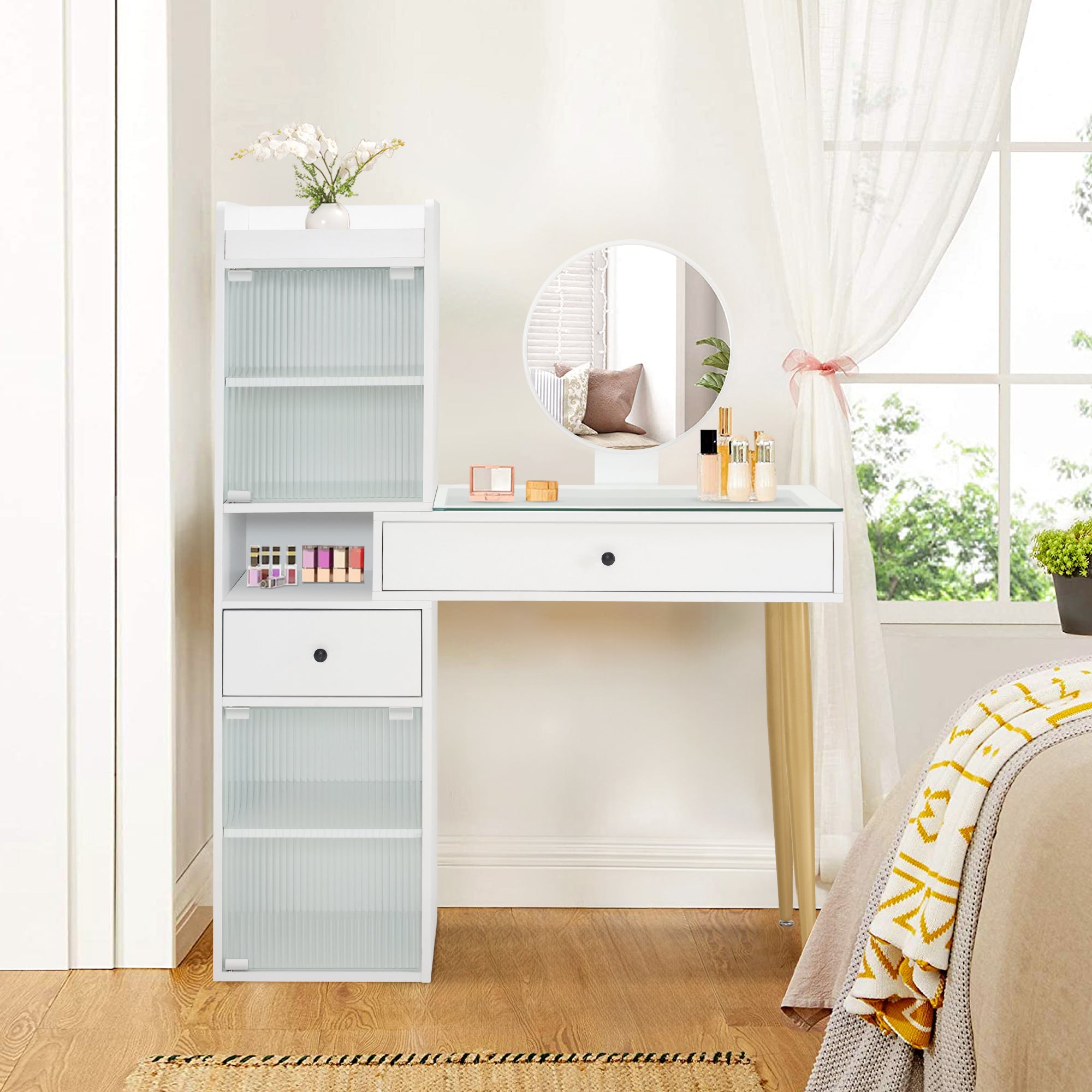 BarberPub White Vanity Desk with Mirror Dressing Table with Glass-Top Home Make-up Equipment 3375