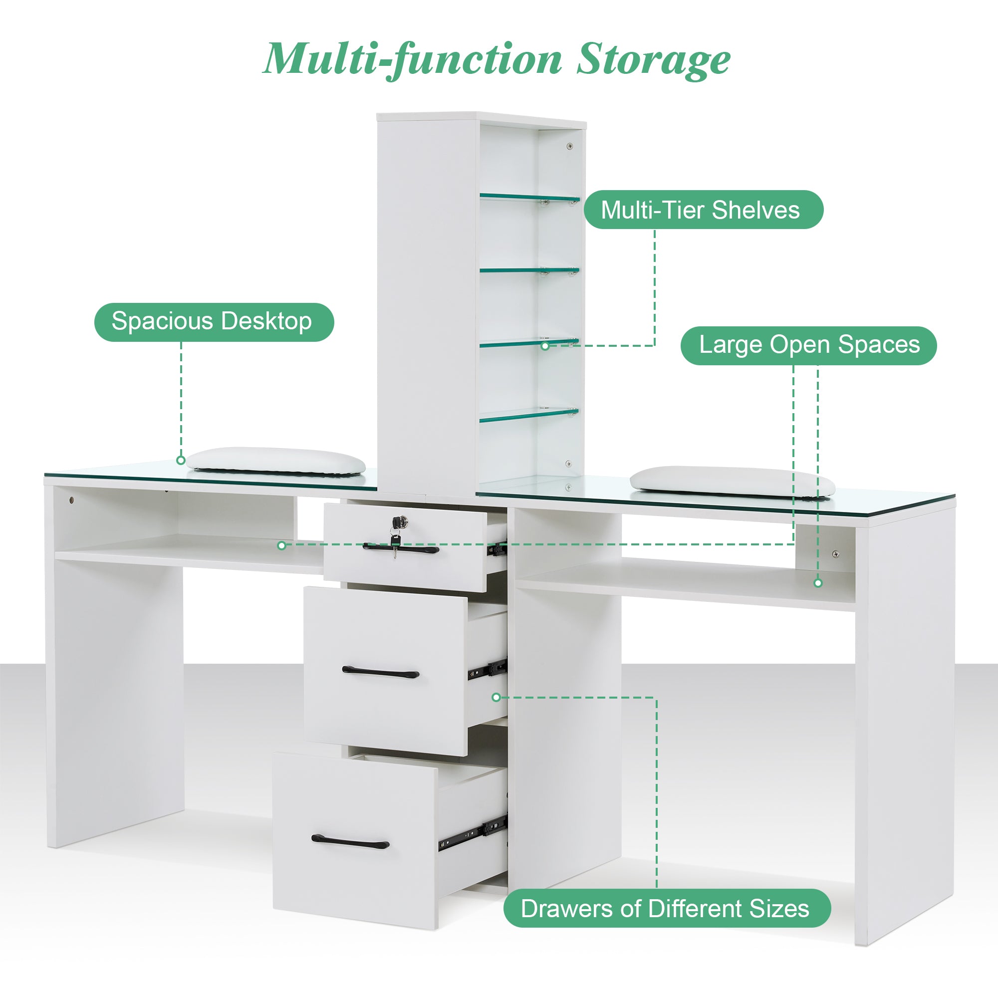 BarberPub Double Manicure Table for Storage, Functional Nail Desk with Glass 2666