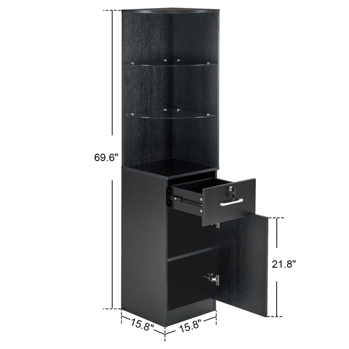 BarberPub Corner Storage Cabinet with Door and Glass Shelves for Home Office Beauty Salon Spa 3200