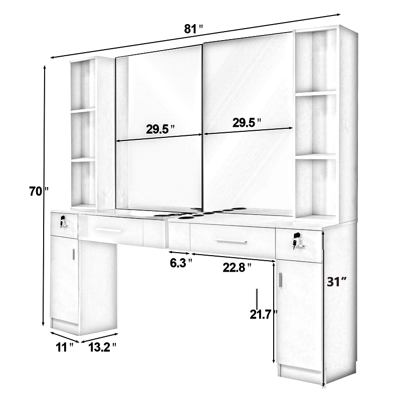 BarberPub Wall Mount Barber Station Hair Styling with Mirror Dressing Table Beauty Salon Spa Equipment Set 3026+3036