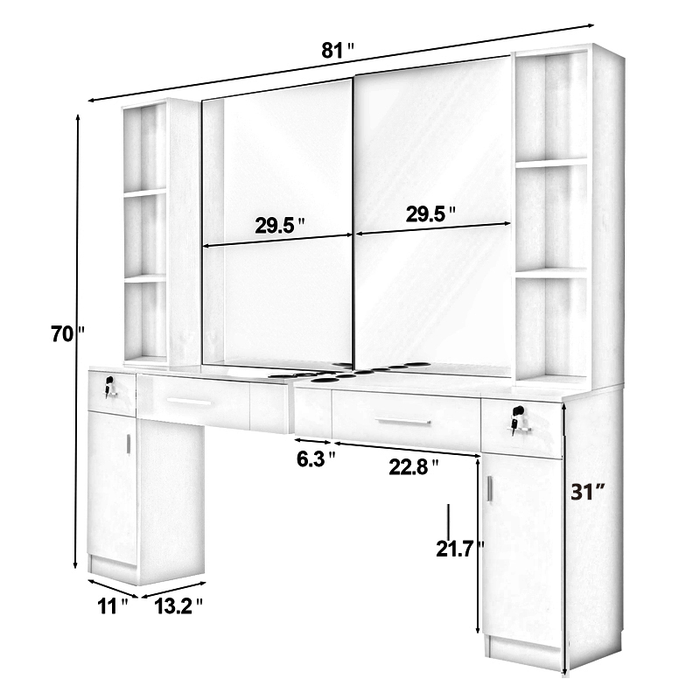 BarberPub Wall Mount Barber Station Hair Styling with Mirror Dressing Table Beauty Salon Spa Equipment Set 3026+3036