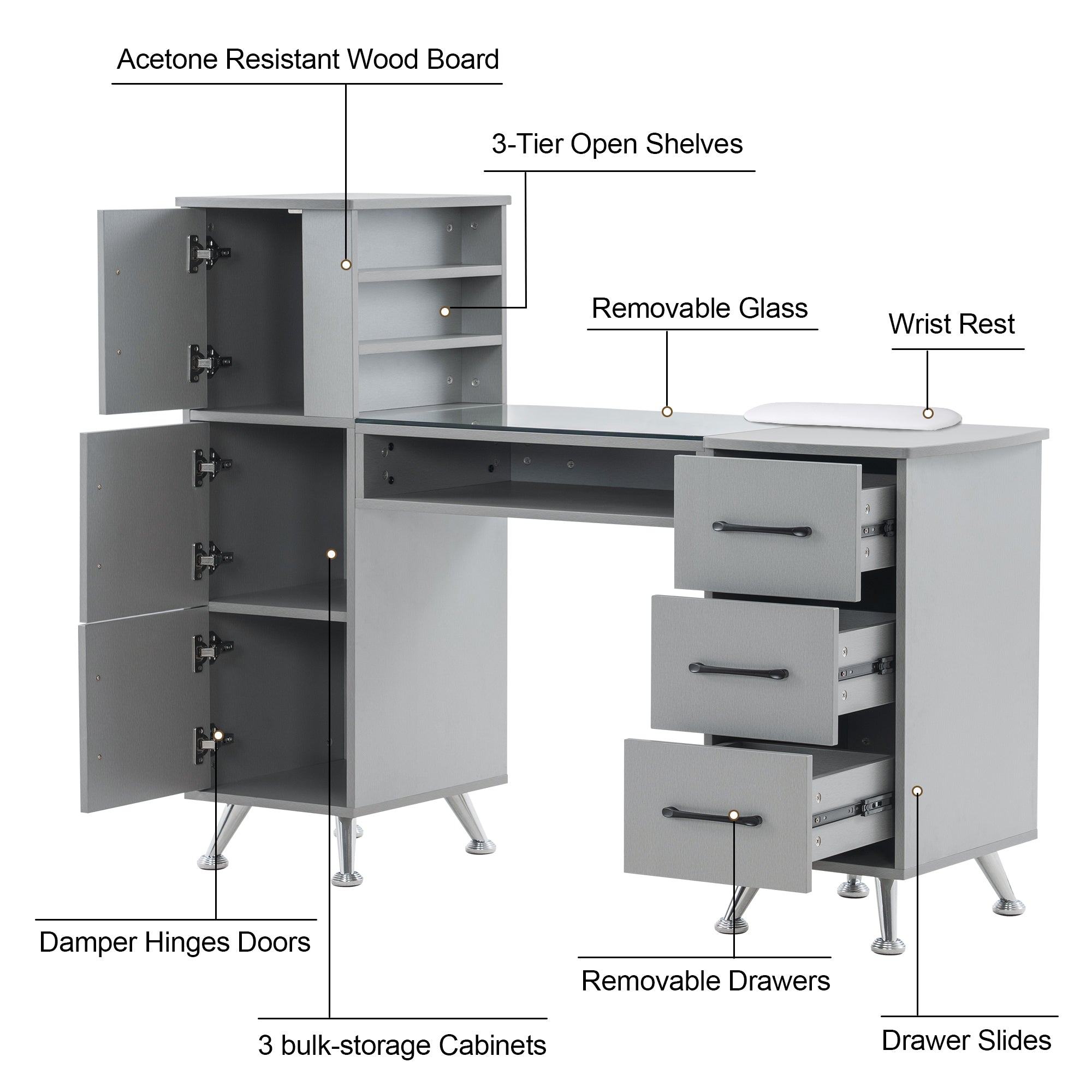 BarberPub Manicure Table, Nail Makeup Desk Salon Workstation for Storage 2611