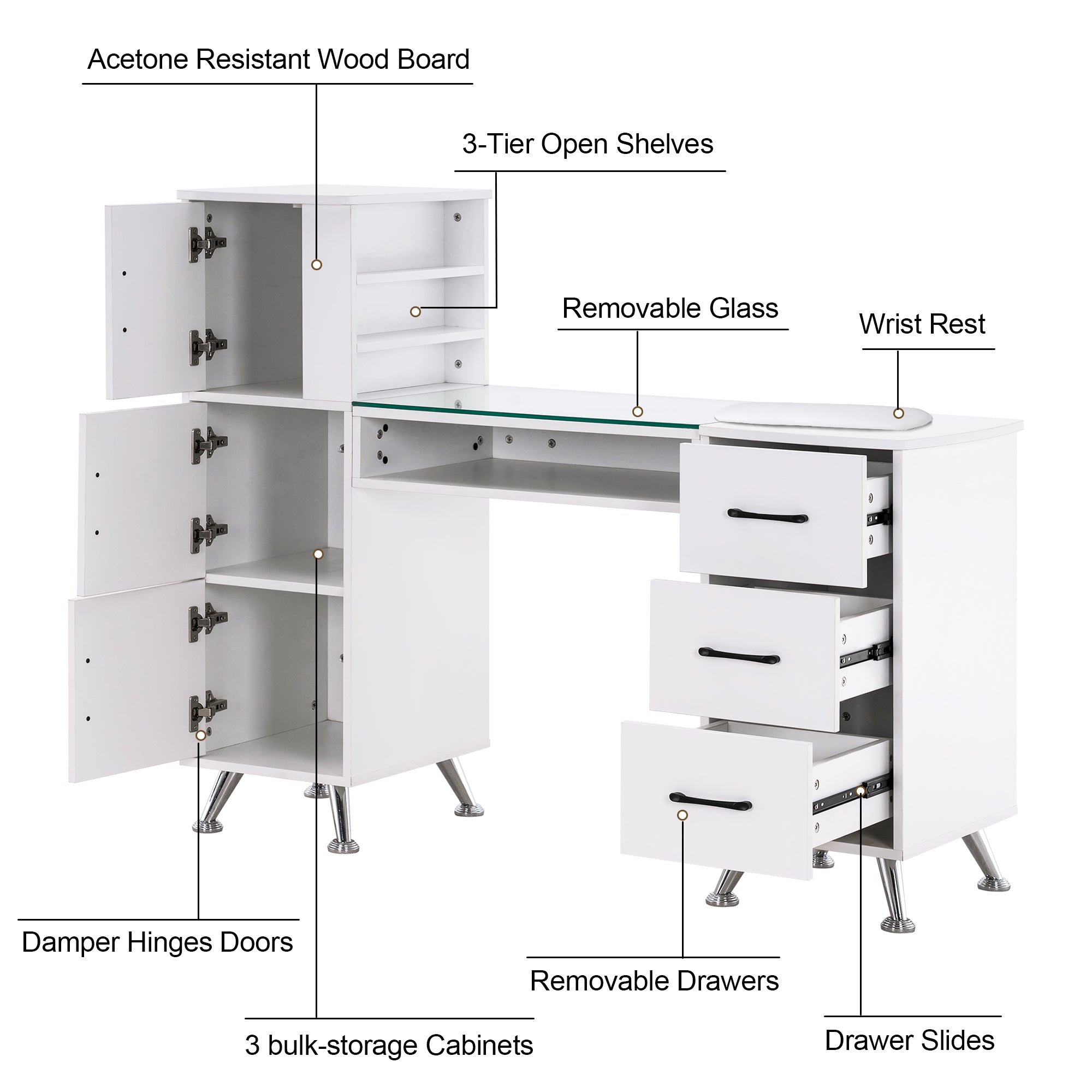 BarberPub Manicure Table, Nail Makeup Desk Salon Workstation for Storage 2611