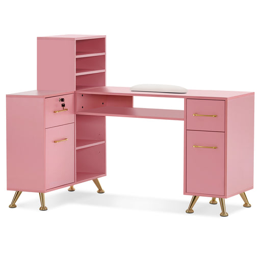 BarberPub L-Shaped Manicure Table with Drawers and Shelves for Storage, Salon Corner Nail Desk, Makeup Dressing Station 2866