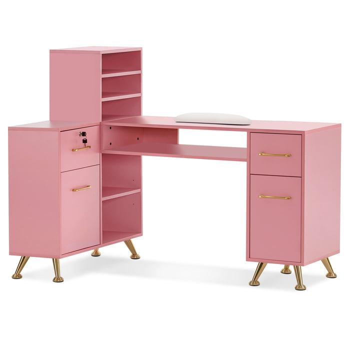 BarberPub L-Shaped Manicure Table with Drawers and Shelves for Storage, Salon Corner Nail Desk, Makeup Dressing Station 2866