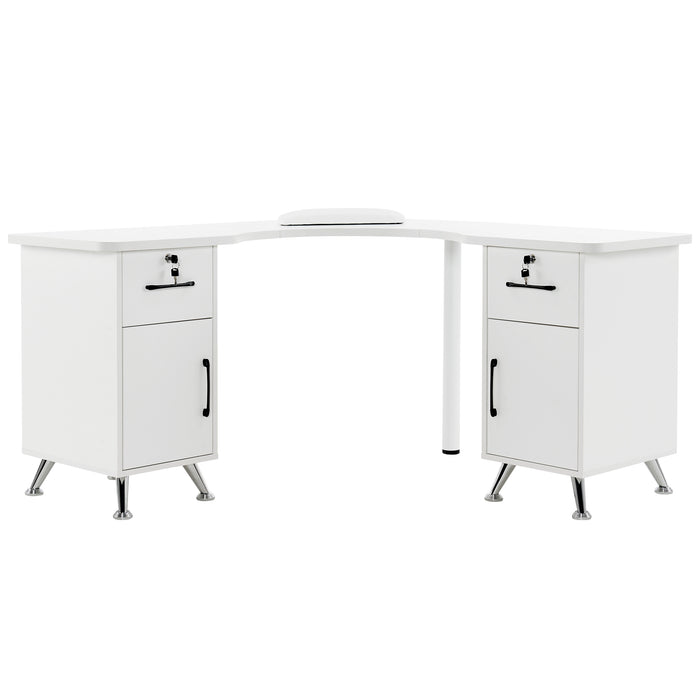 BarberPub L-Shaped Nail Table with Storage Corner Manicure Desk with Drawers and Cabinets Home Office Workstation 2672