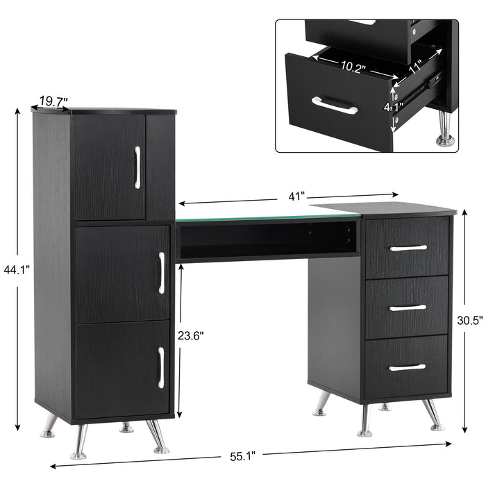 BarberPub Manicure Table, Nail Makeup Desk with Drawers, Storage Beauty Salon Workstation 2611