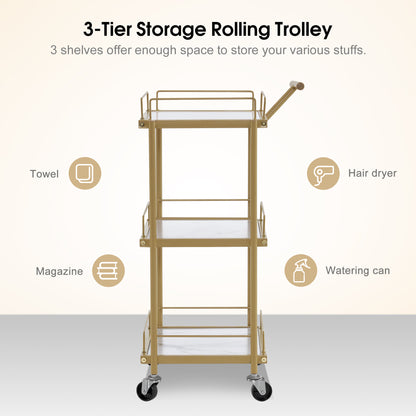 BarberPub Salon 3-Tier Rolling Trolley with Golden Metal Storage Basket Organizer 2098