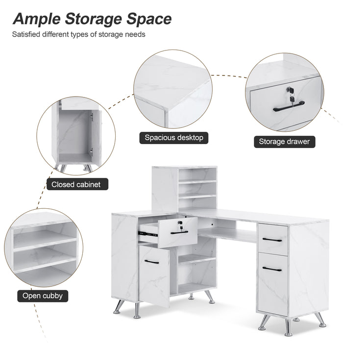 BarberPub L-Shaped Manicure Table with Drawers and Shelves for Storage, Salon Corner Nail Desk, Makeup Dressing Station 2866