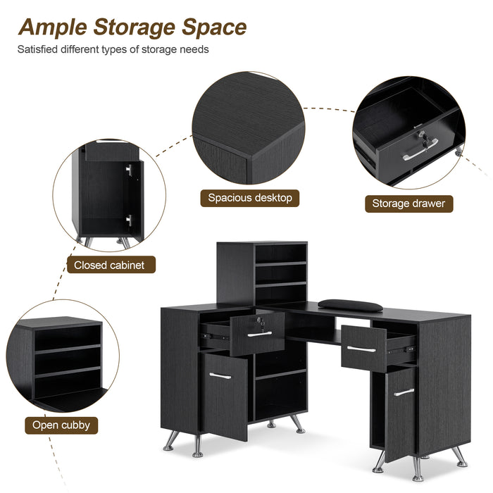 BarberPub L-Shaped Manicure Table with Drawers and Shelves for Storage, Salon Corner Nail Desk, Makeup Dressing Station 2866