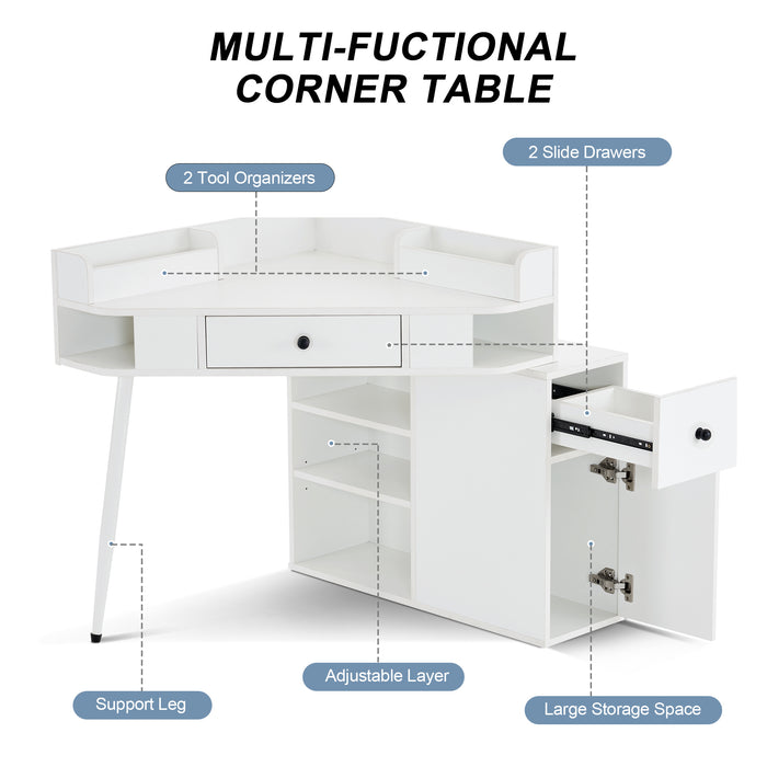 BarberPub Manicure Table with Drawers Corner Nail Desk with Open Shelves Makeup Reception Dressing Station Salon Spa Storage Cabinet 2822