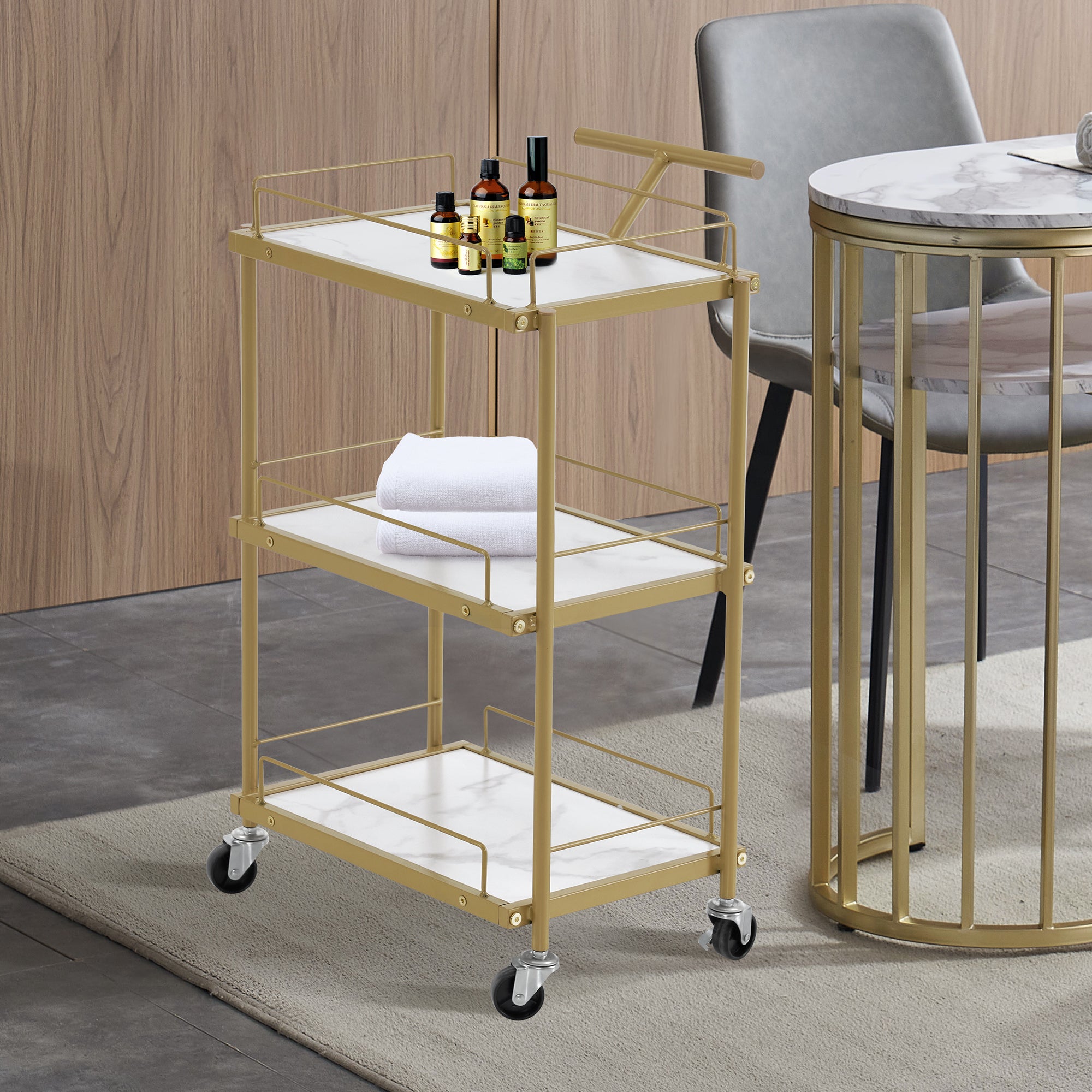 BarberPub Salon 3-Tier Rolling Trolley with Golden Metal Storage Basket Organizer 2098