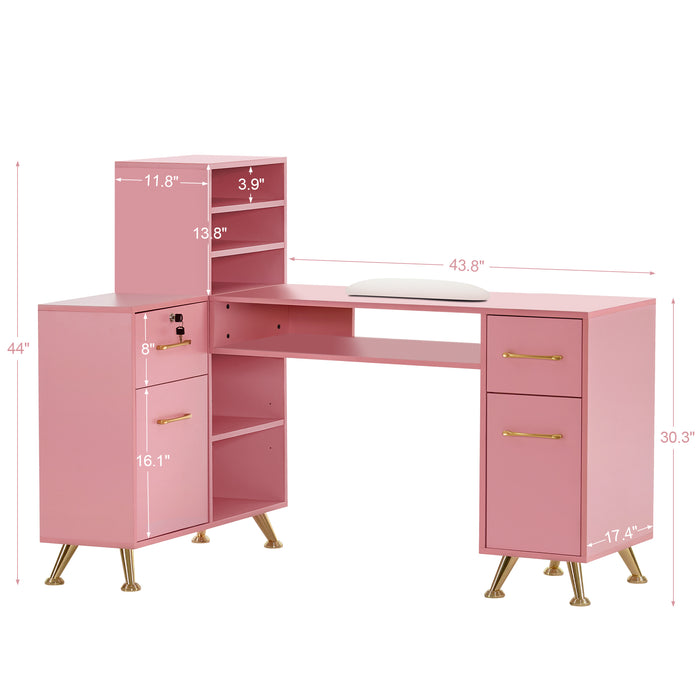 BarberPub L-Shaped Manicure Table with Drawers and Shelves for Storage, Salon Corner Nail Desk, Makeup Dressing Station 2866